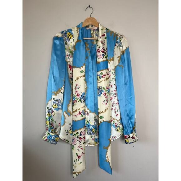 NEW Tory Burch Printed Satin Bow Tie Long-Sleeve Button-Up Blouse Blue Size: 4 - Picture 2 of 8
